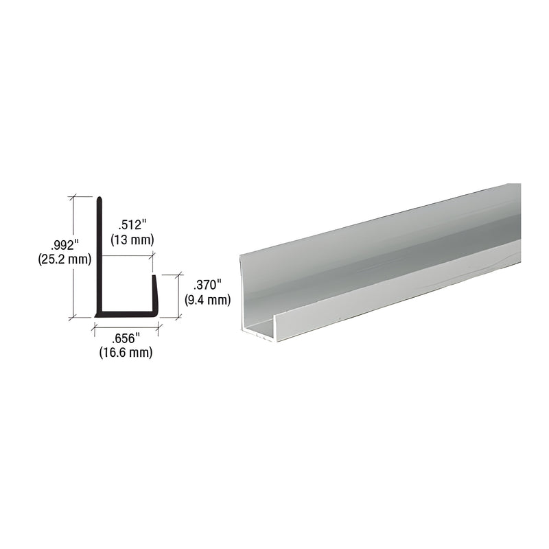 A technical diagram showing the dimensions of a satin anodized aluminum J-channel next to a perspective view of the metal profile.