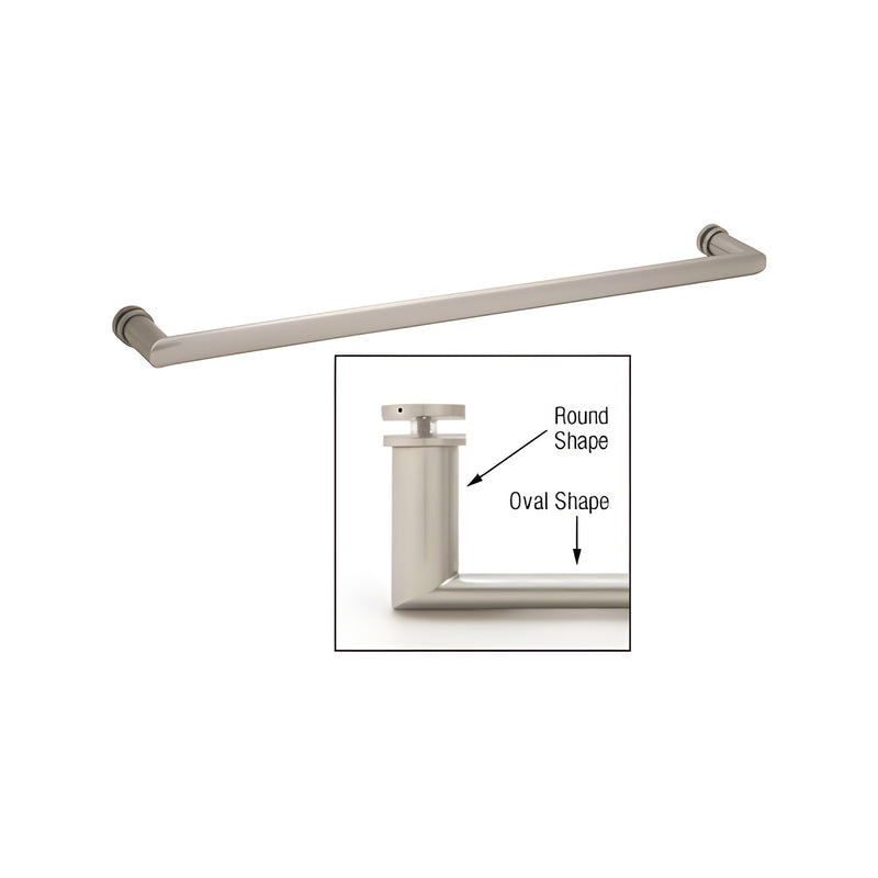 A 24-inch brushed nickel single-sided towel bar with a detail inset showing its round mounting post and oval-shaped bar profile.