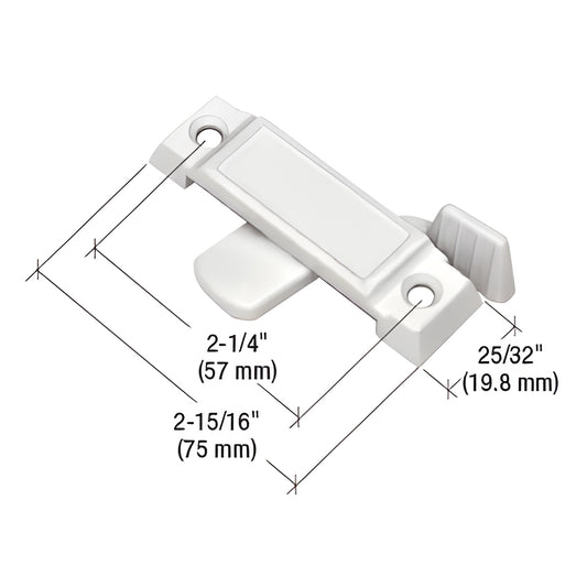 White CRL window sash lock (SKU F2592) for sliding windows, 2-15/16 in long, 1/2 in latch, no keeper.