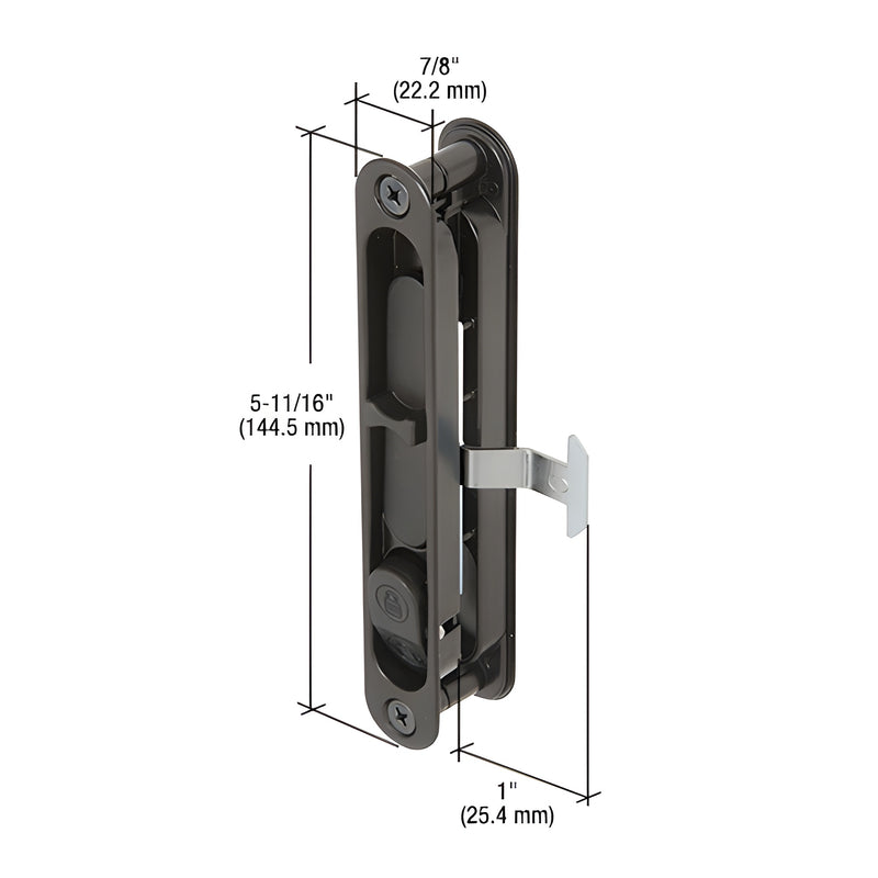 A black aluminum sliding screen door latch and pull with a steel latch mechanism shown with dimension lines.