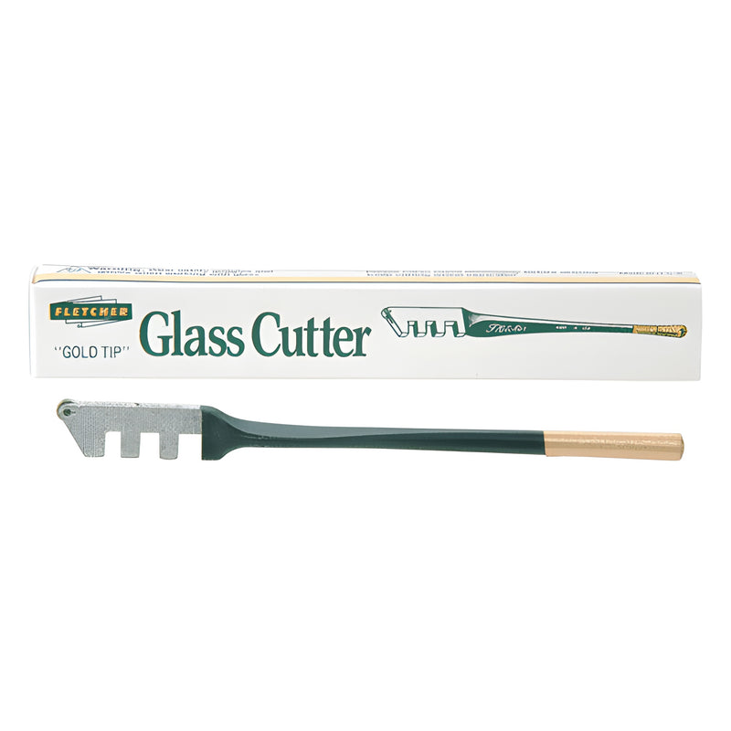 A Fletcher Gold-Tip glass cutter with a metal handle is displayed in front of its original branded packaging box.