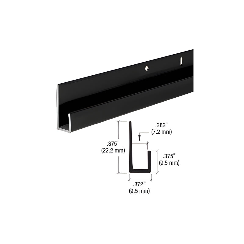 A matte black aluminum J-channel profile shown with a technical diagram indicating its 7/8 inch height and 0.282 inch inside dimension.
