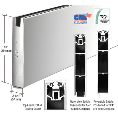 CRL Polished Stainless 10" x Custom Length Square Sidelite Rail for 5/8" or 3/4" Glass
