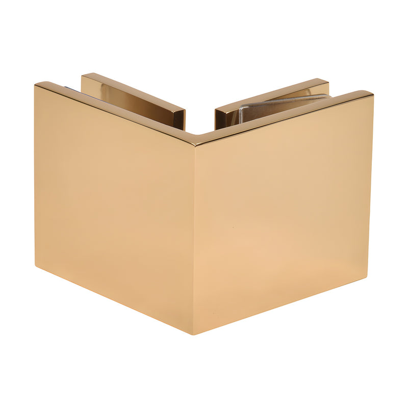A front-facing view of the French Gold square 90-degree glass-to-glass clamp.