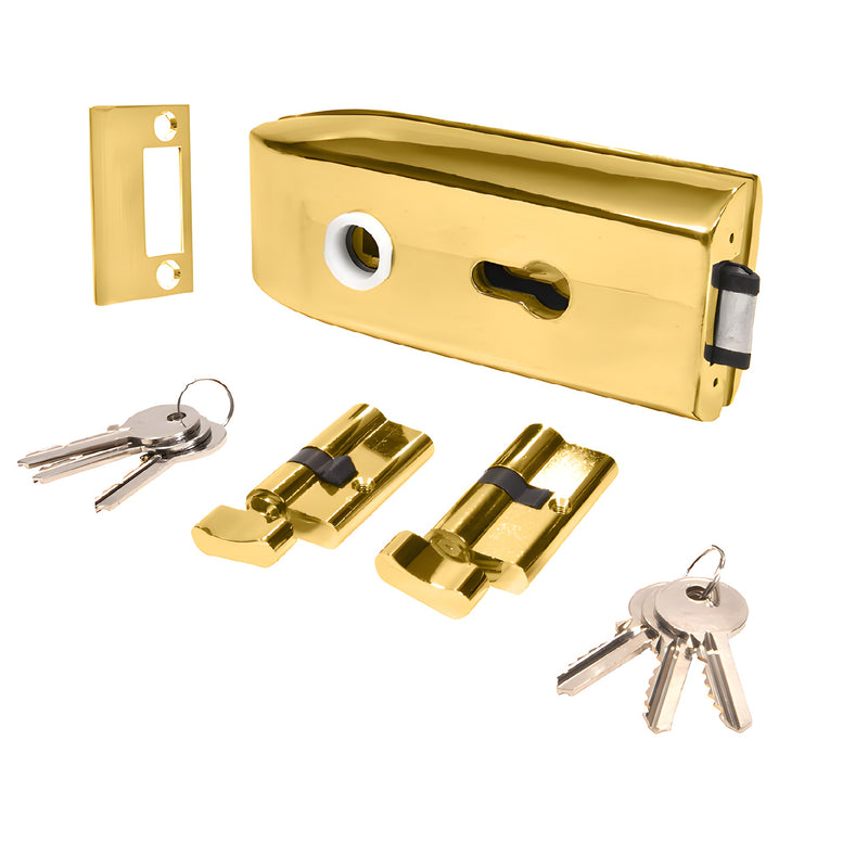 A polished brass glass-mounted latch kit including a lock, thumbturn cylinders, strike plate, and two sets of keys.