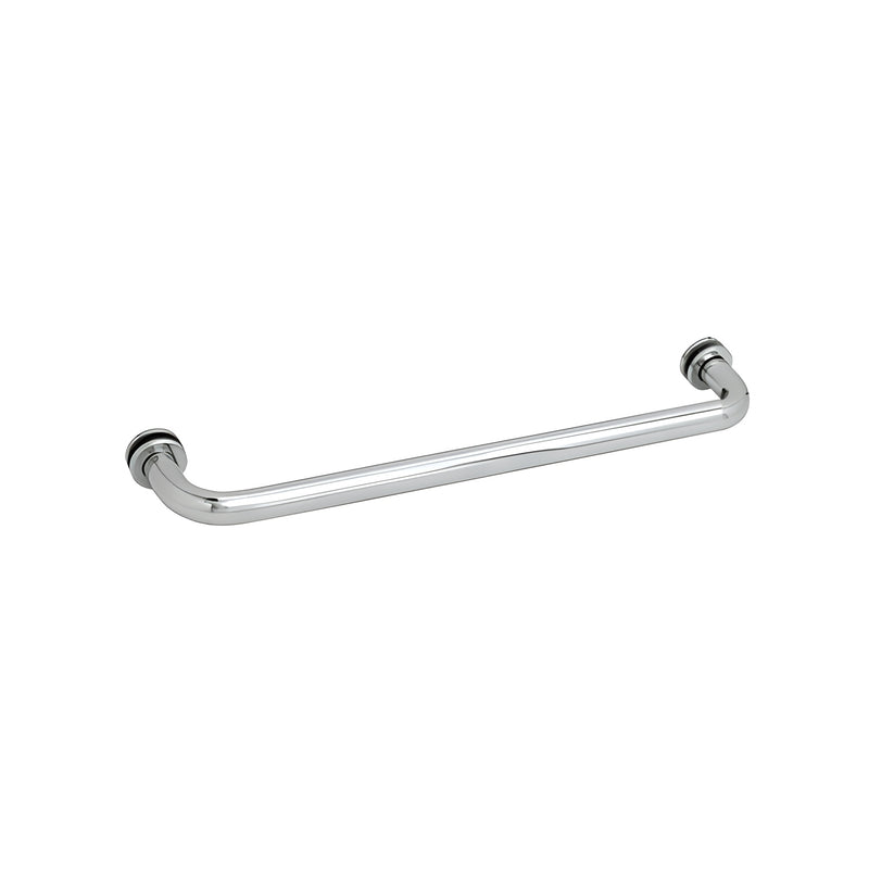 A polished chrome tubular single-sided towel bar designed for glass mounting with 1-1/4 inch washers.