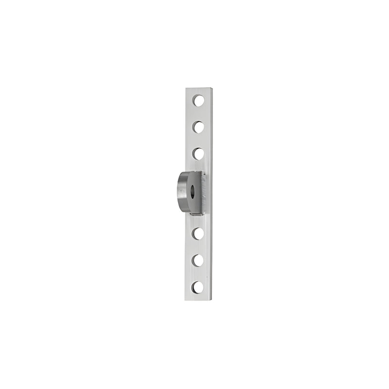 A vertical brushed stainless steel curtain wall mounting plate featuring multiple pre-drilled holes and a central rod attachment point.