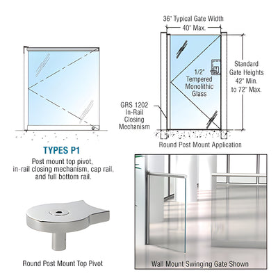 CRL Polished Stainless 1202 Series Custom Post Mounted Gate w/In-Rail Closing Mechanism, Cap Rail, and Full Bottom Rail