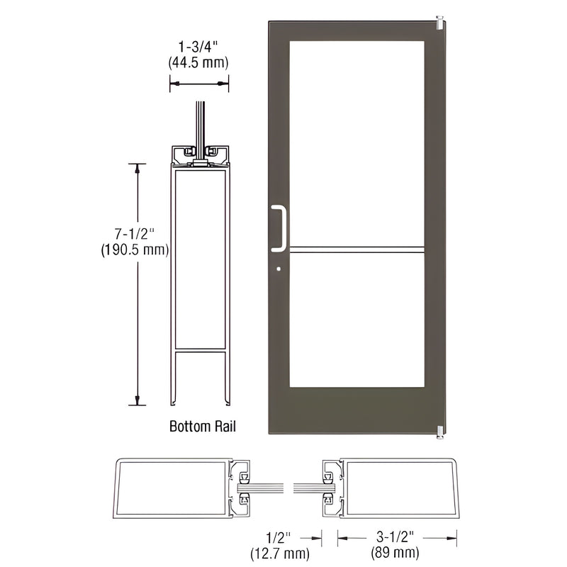 Technical diagram showing the profile and dimensions of a 400 Series medium stile aluminum door with a 7-1/2 inch bottom rail.