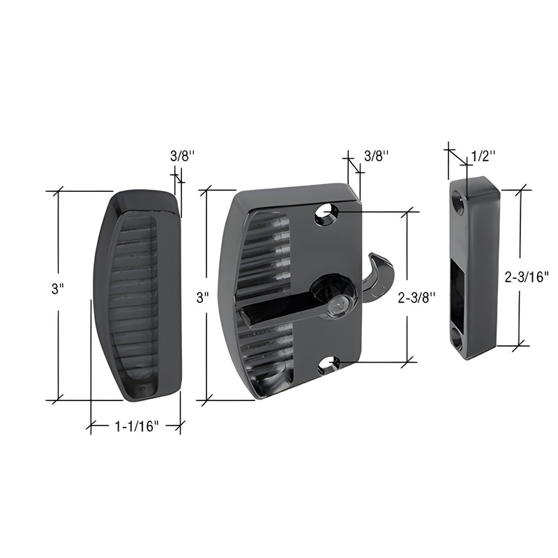 A technical diagram showing the black aluminum sliding screen door latch, pull, and keeper with 2-3/8 inch screw hole spacing dimensions.