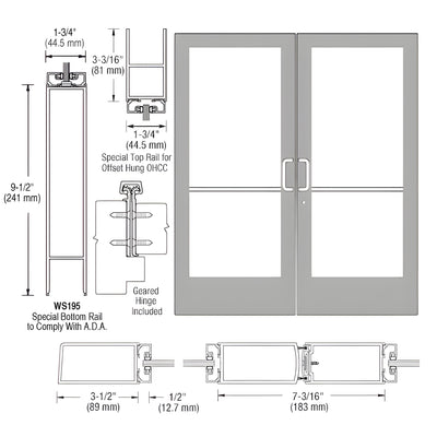 CRL-U.S. Aluminum Clear Anodized Custom Pair Series 400 Medium Stile Offset Hung Geared Hinge Entrance Doors for Overhead Concealed Door Closers