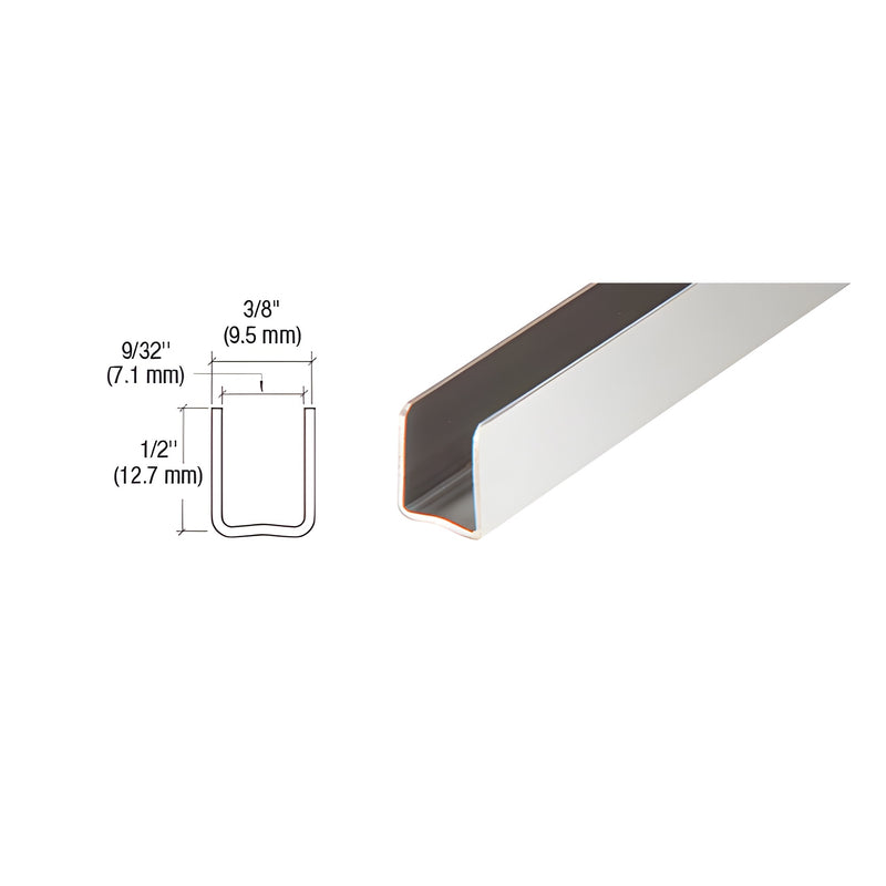 A polished stainless steel U-channel shown next to a technical line drawing illustrating its radiused back profile and dimensions.