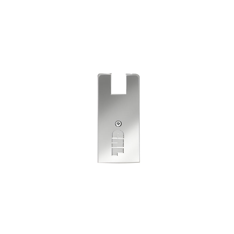 A rectangular polished stainless steel end cap for a 4-inch square Wedge-Lock door rail featuring a central screw and cutout.