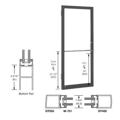 CRL-U.S. Aluminum Bronze Black Anodized 250 Series Narrow Stile Inactive Leaf of Pair 3'0 x 7'0 Offset Hung with Butt Hinges for Surf Mount Closer Complete Door Std. MS Lock and Std. Bottom Rail