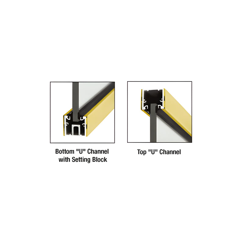 A close-up view showing polished brass aluminum U-channel profiles used for securing glass panels with roll-in gaskets.