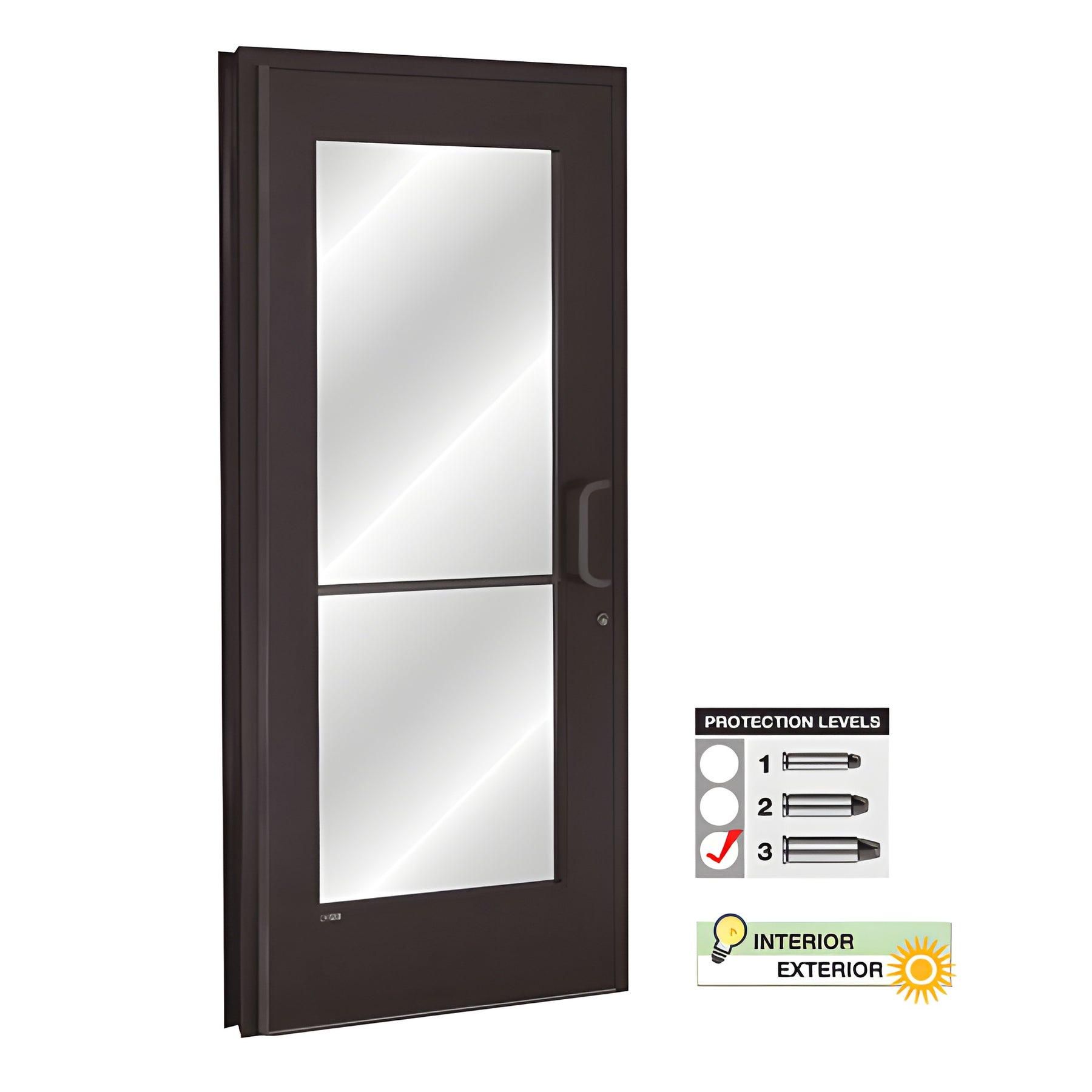 A black bronze anodized aluminum bullet resistant door with Level 3 protection and a glass panel.