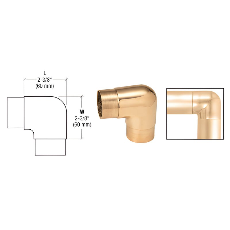 A polished brass 90-degree corner fitting for 2-inch tubing shown with a technical dimension diagram and an installed example.