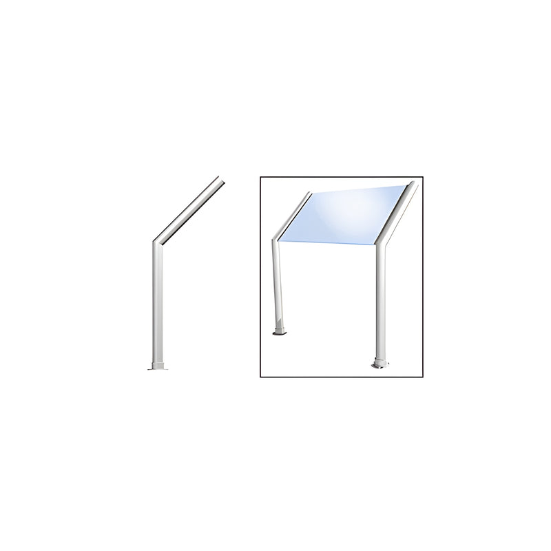 A polished stainless steel sneeze guard post and a complete assembly with glass in a slant-only configuration.