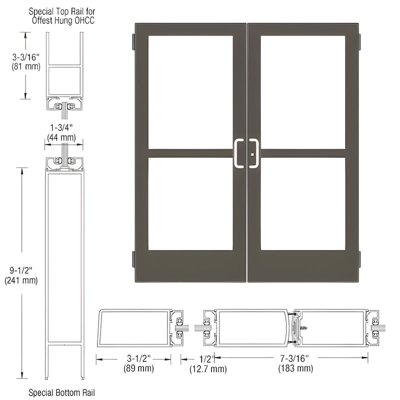A technical diagram showing the elevation and cross-section profiles of a pair of Series 400 medium stile butt hinged entrance doors in black bronze.