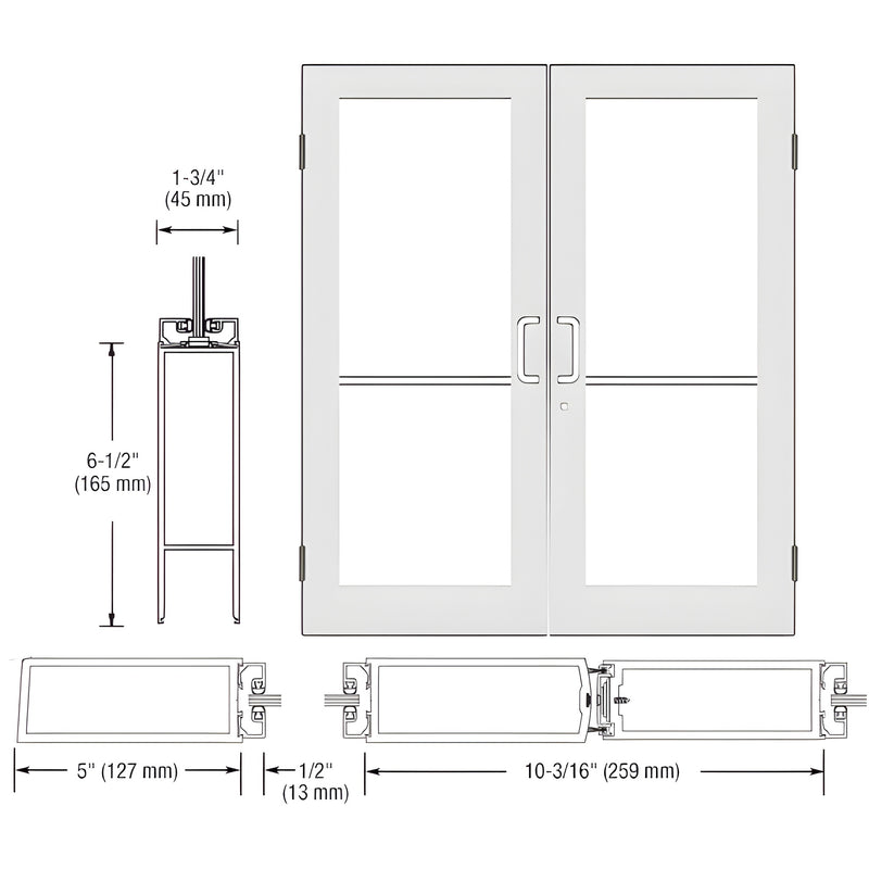 Technical drawing showing the profile dimensions and elevation of a pair of Series 550 wide stile butt hinge showroom doors.