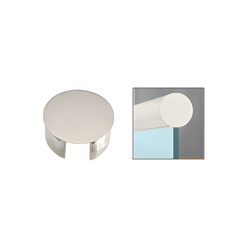 A polished stainless steel end cap for a 3-inch railing shown in isolation and installed on a railing end.