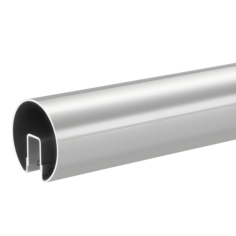 A close-up view of a 3-inch diameter polished stainless steel cap rail designed for 1/2-inch glass.