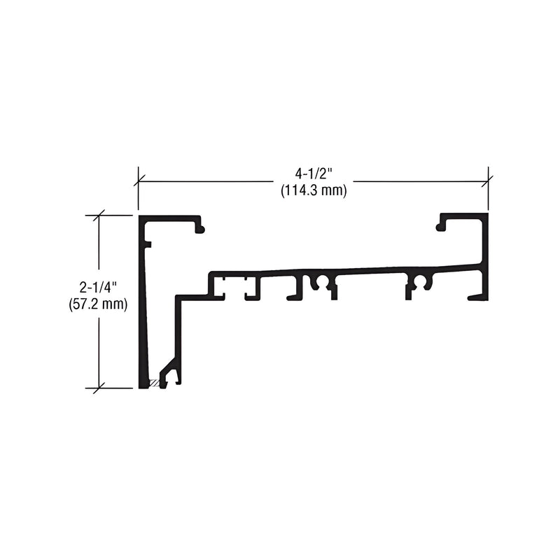 A technical cross-section diagram showing the 2-1/4 inch by 4-1/2 inch profile dimensions of the CRL-U.S. Aluminum header extrusion.