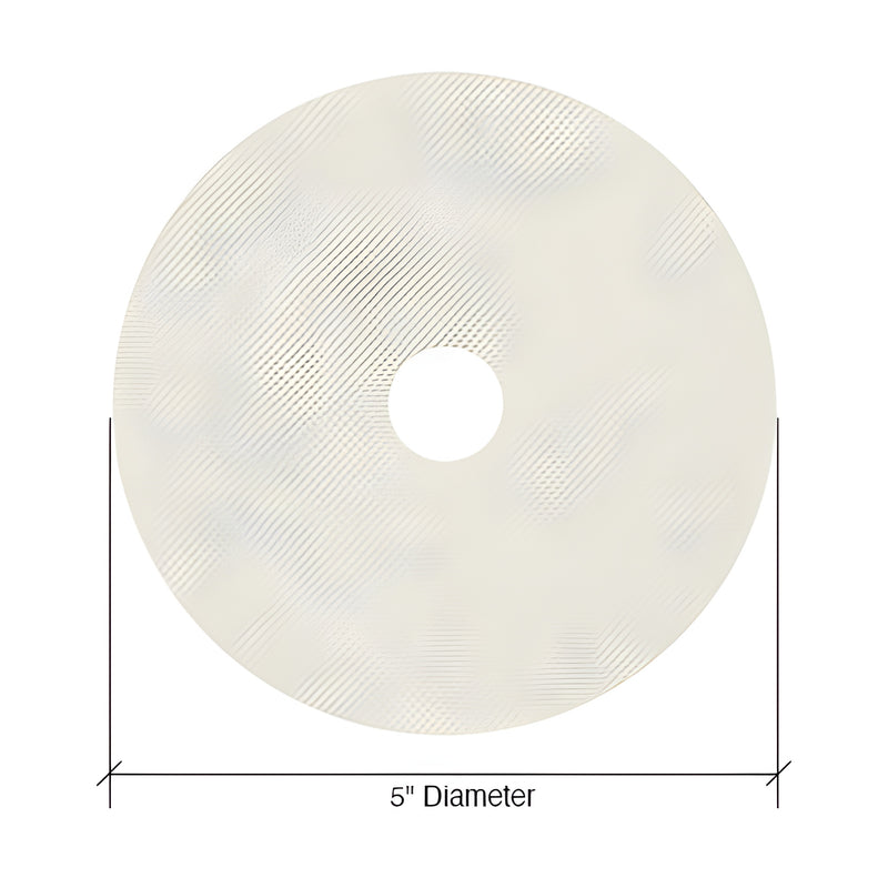 A white 5-inch diameter circular 3M Trizact cerium PSA polishing disc with a center hole.