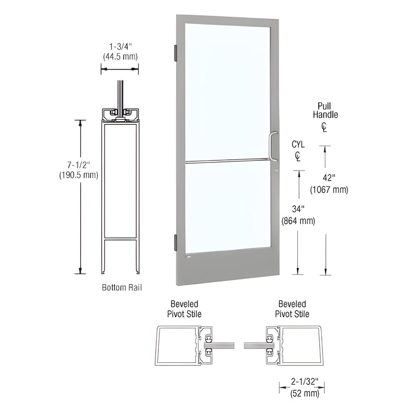 Technical diagram showing the dimensions and profile of a CRL-U.S. Aluminum 250 Series narrow stile single door with a clear anodized finish.