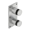 A brushed stainless steel glass rail standoff fitting with a rectangular mounting plate and two cylindrical caps.