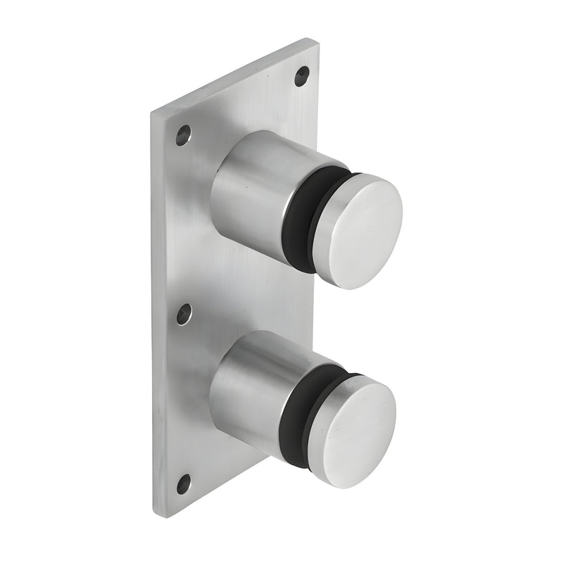 A brushed stainless steel glass rail standoff fitting with a rectangular mounting plate and two cylindrical caps.