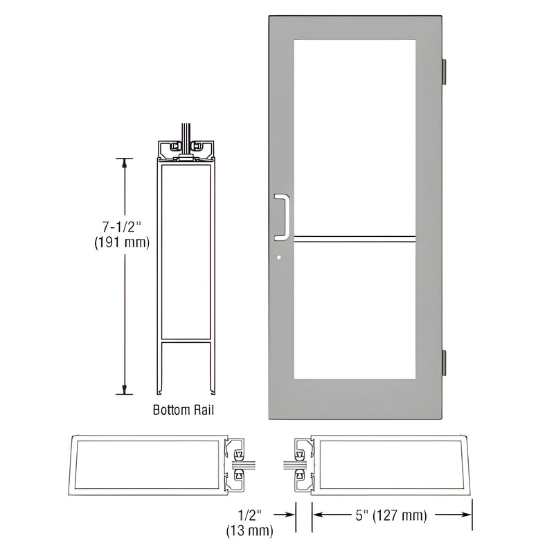 Technical line drawing showing the profile and dimensions of a 550 Series wide stile aluminum door with a 7-1/2 inch bottom rail.