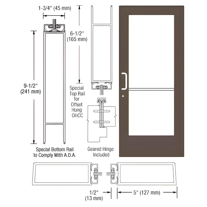Technical diagram showing the profile and dimensions of a black bronze anodized Series 550 wide stile entrance door with a geared hinge.