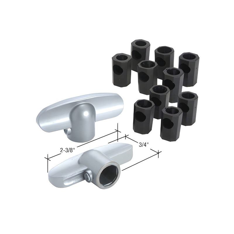 Two aluminum T-crank window handles are shown with a set of black spline adapters in various sizes.