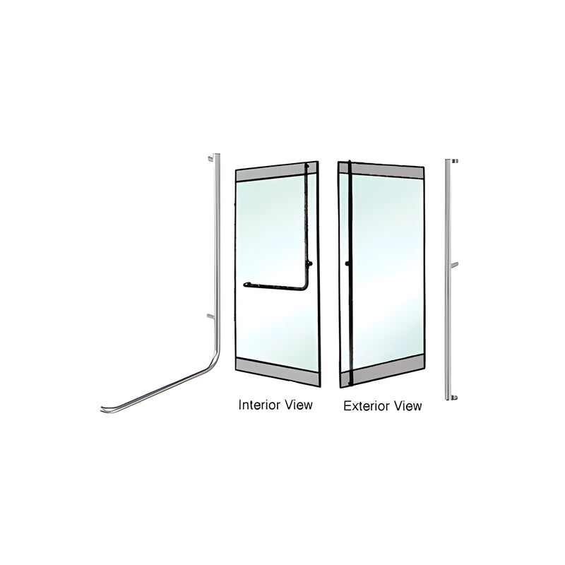 A diagram showing the interior and exterior views of a right hand reverse rail mount F dummy handle installed on a glass door.