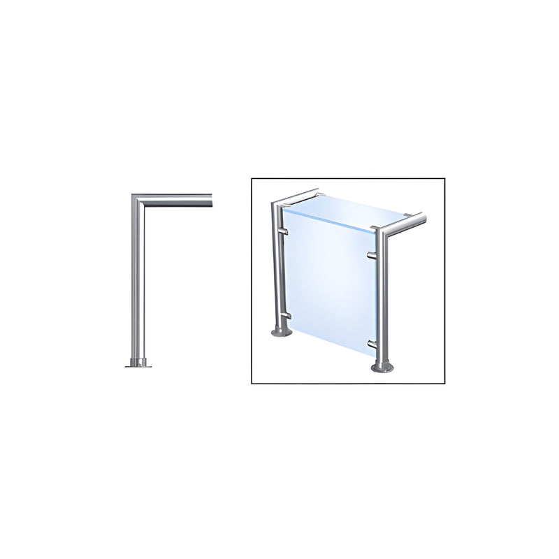 A diagram showing the polished stainless steel post and a completed sneeze guard assembly with top and front glass panels.