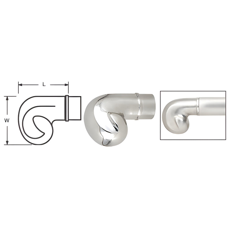 A technical diagram and product photos showing a polished stainless steel end scroll fitting for 2-inch diameter tubing.
