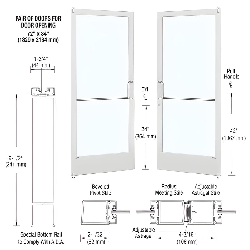 Technical diagram showing a pair of White KYNAR® Series 250 narrow stile offset pivot entrance doors with dimensions and stile profiles.