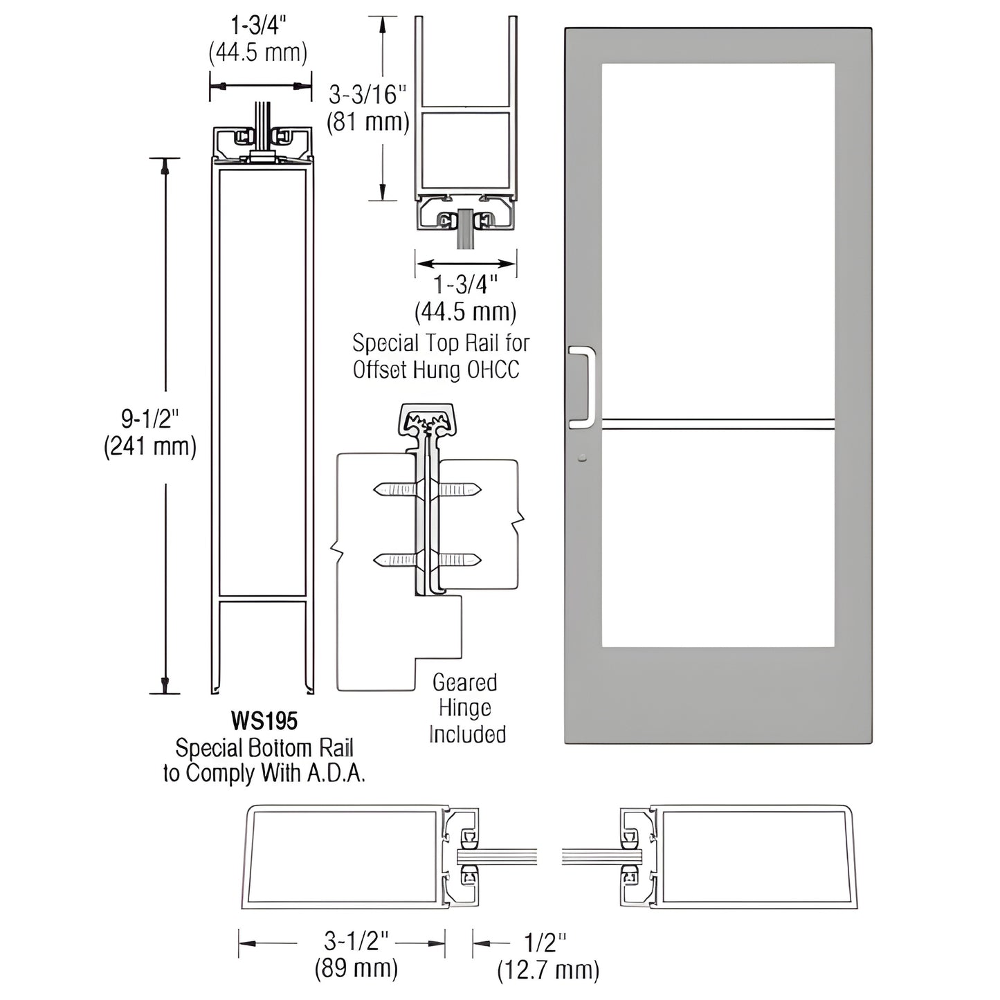 CRL-U.S. Aluminum Offset Hung Geared Hinge Door for Overhead Closer