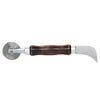 A side view of the CRL combo spline roller and cutter featuring a wooden handle, steel wheel, and integrated cutting blade.