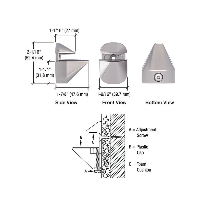 Technical diagram showing side, front, and bottom views of the brushed nickel adjustable shelf clamp with installation details.