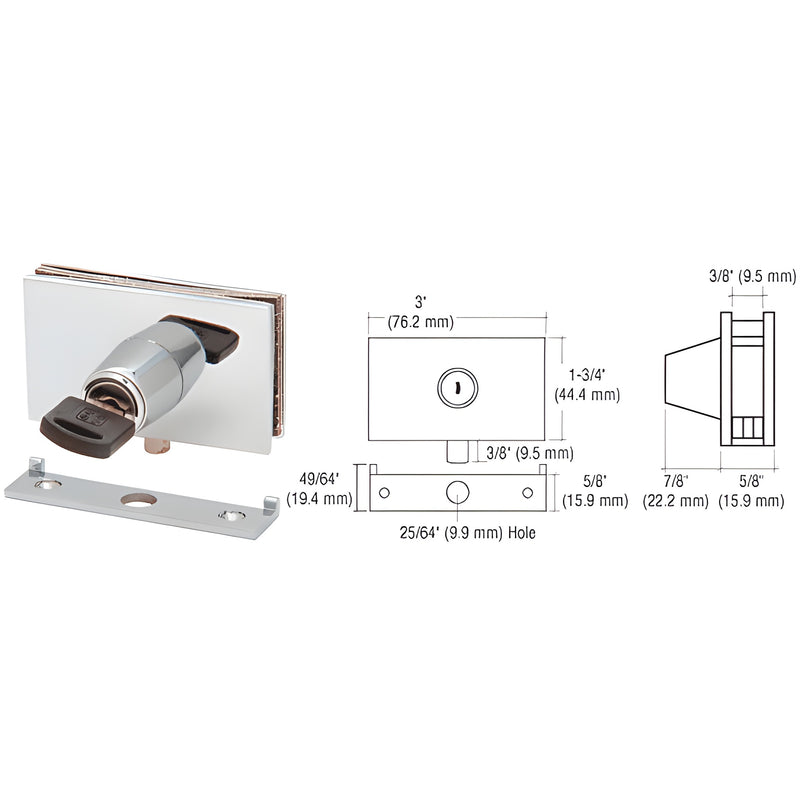 A polished chrome square plunger lock with a key and strike plate shown alongside its technical dimensioned drawings.