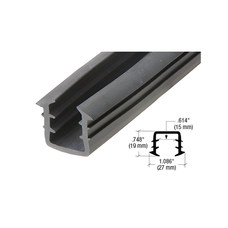 A close-up view of a black rubber cap rail insert showing its U-shaped profile and internal gripping ridges.