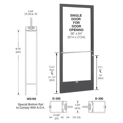 CRL-U.S. Aluminum Bronze Black Anodized 250 Series Narrow Stile (LHR) HLSO Single 3'0 x 7'0 Center Hung for OHCC w/Standard Push Bars Complete ADA Door(s) with Lock Indicator, Cyl Guard