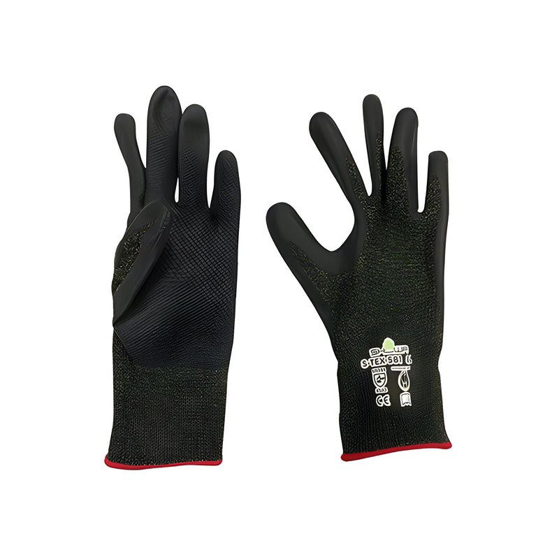 A pair of black nitrile-coated seamless knit cut-resistant gloves in size extra-large shown from both sides.