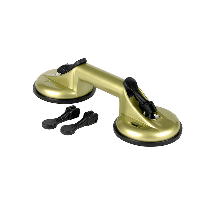 A gold-colored aluminum double pad vacuum lifter with two 4-1/2 inch suction cups and two spare black release levers.