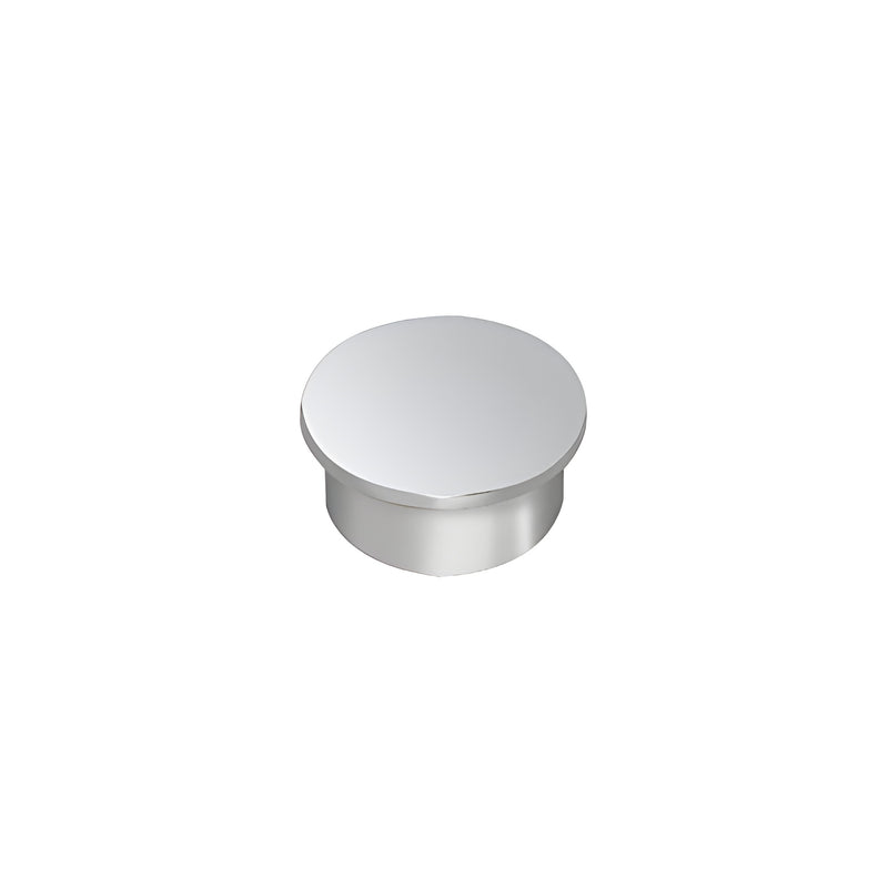 A round, polished stainless steel end cap designed for 1-1/2 inch Schedule 40 pipe.