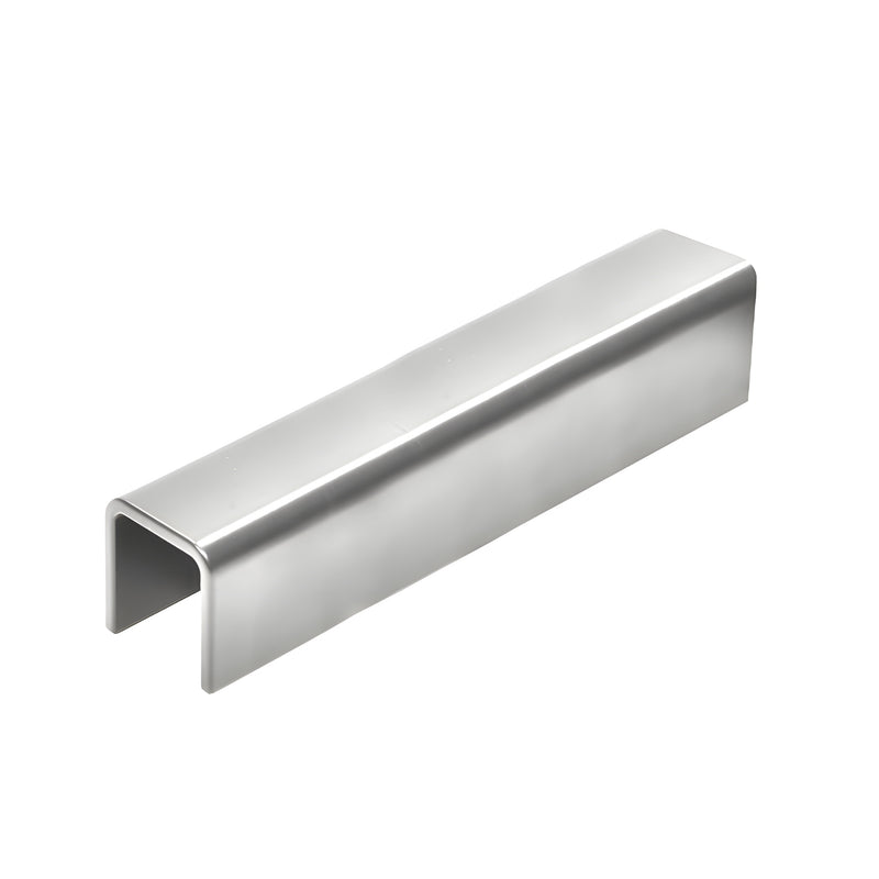 A section of polished stainless steel U-channel cap rail for glass railings.