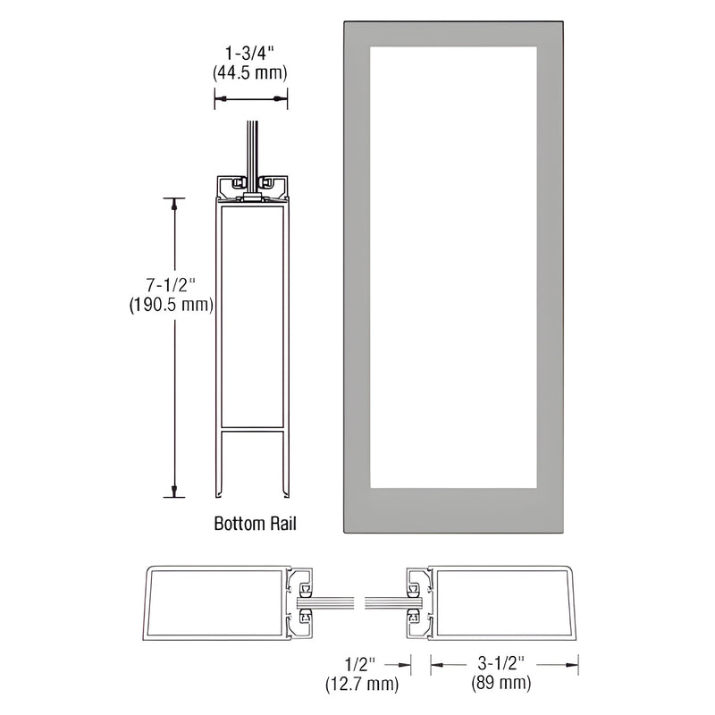 Technical line drawing showing the profile and bottom rail dimensions of a Series 400 medium stile aluminum entrance door.