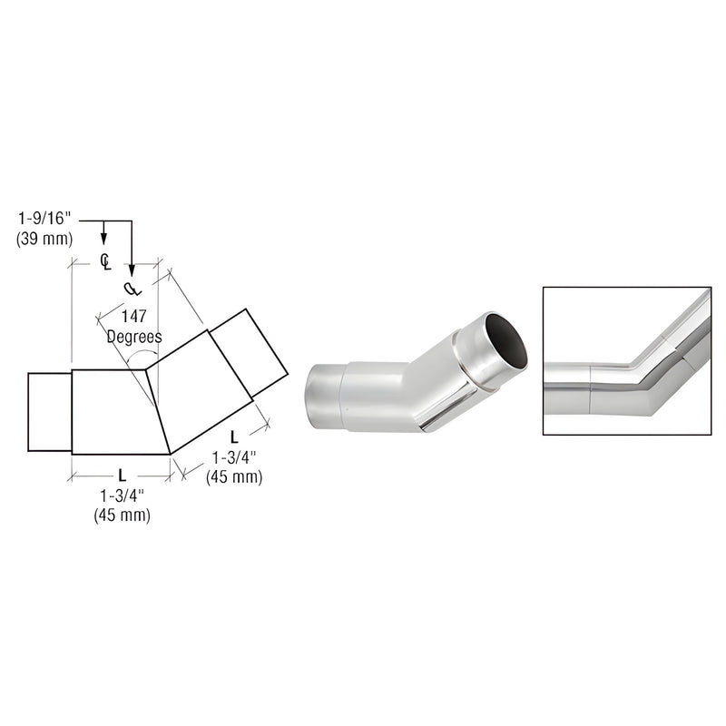 A technical diagram and product photo showing a polished stainless steel 147-degree flush angle fitting for 1-1/2 inch tubing.